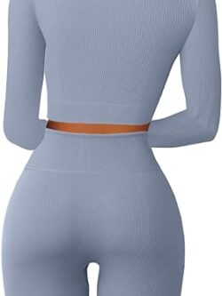 2 Piece Seamless Long Sleeve Crop Tops Ribbed High Waist Leggings