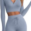 2 Piece Seamless Long Sleeve Crop Tops Ribbed High Waist Leggings